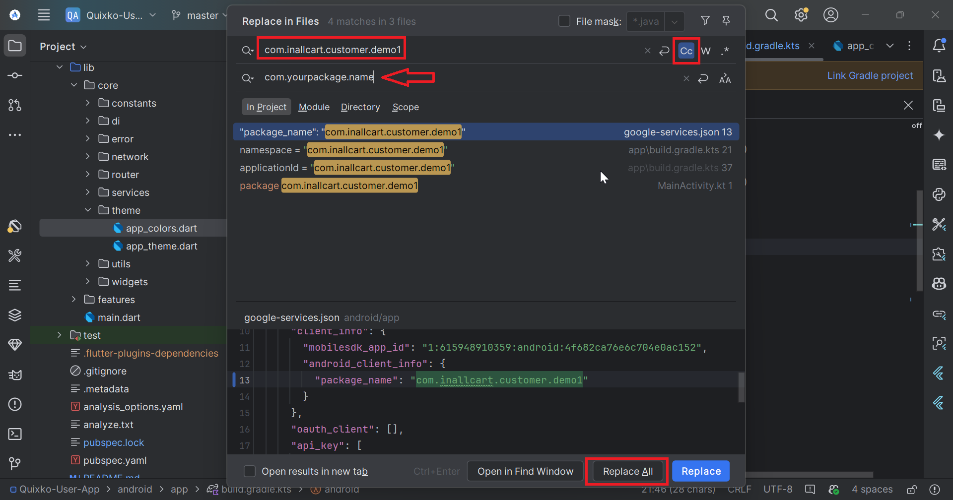Change package name in AndroidManifest.xml